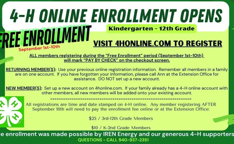 Childress County 4-H offering free enrollment through Sept. 10, thanks to IREN