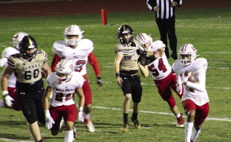 Wellington Skyrocket Brenden Garcia (1) gains yards in Quanah territory, where Wellington shutout the Indians in 48-0 final Friday, Oct. 27. Blocking for Garcia were Noah Cantu (22), Dalton Holland (73), Kaseten Welch (54) and Caleb Strickland (50). The Red River Sun/Shauna Salinas