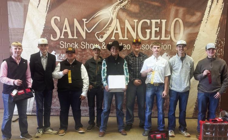 Childress High School Future Farmers of America (FFA) ag mechanic students compete at the San Angelo Stock Show and Rodeo Agricultural Mechanics Contest Saturday, Feb. 1-Monday, Feb. 3. From left: Keegan Sides, Tripp Tippett, Jacob Renteria, Ransom Tyler, Kade Maldonado, Jonah Smith, Creedan Bell, Kasen Chapman, Tuck Detwiler. Photo Courtesy of Childress FFA