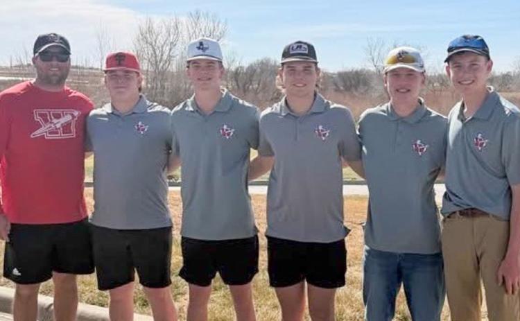 The Wellington Skyrocket golf team tees off the 2026 season in championship fashion Tuesday, Feb. 24 at the Amarillo Highland Park Invitational, capturing the first-place team title. Individually, Carter Ouellette delivered a remarkable round of 71, earning him the first-place individual medal and leading the Rockets to victory. From left: Coach Klark Ashmore, Hunter Hedrick, Jax Heflin, Gunner Guy, Miles Ouellette and C. Ouellette. Wellington High School