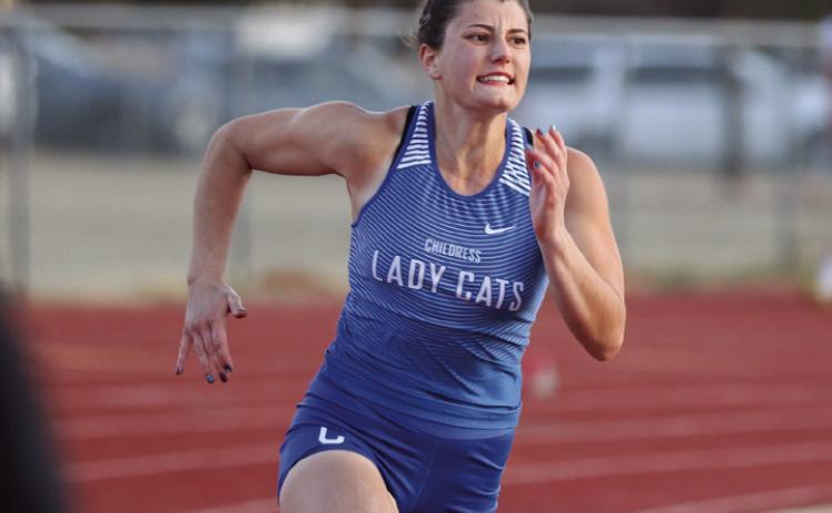 Childress’ Taylor Wiseman finished first in the 200-meter dash during the Rocket Relays Thursday, March 2 at Powell Field in Wellington. Through the Lens of Liz/Elizabeth Oronia