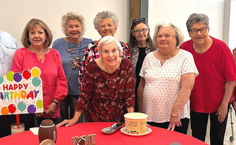 Wellington Senior Citizens Center celebrates September birthday honorees with a Skyrocket football themed party following the delicious chicken strip lunch on Wednesday, Sept. 16. From left: Chris Carlisle, Peggy Allred, Vada Wood, Fraya Hammons, LaJaunda Ressell, Cathy Crist, Helen Patterson, Nanette White, and Norma Spillman. COURTESY PHOTO