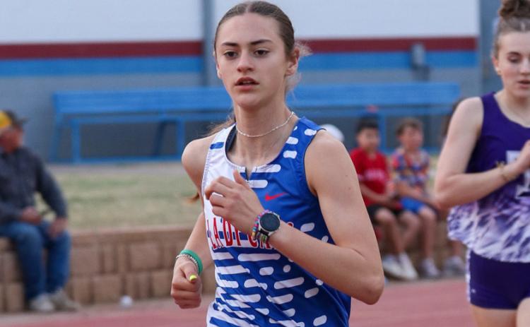 Childress’ Selah Smith surpasses Talkington’s Mabel Roller at the Bobcat Relays, where she earned golds in the 800-, 1,600- and 3,200-meter races Thursday, March 5 in Childress. Childress High School Yearbook