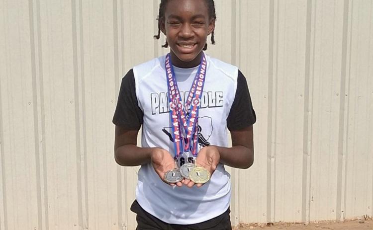 Memphis’ Aija Johnson takes silver in the 100- and 200-meter dash at the Texas Amateur Athletic Foundation (TAAF) Region 9 Regional Track and Field Championships Saturday, July 12 at Lubbock-Cooper Liberty’s Patriot Stadium in Lubbock, qualifying for the upcoming TAAF State Games of Texas Track and Field Championships. Courtesy Photo