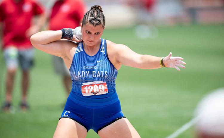 Childress’ Taylor Wiseman was recently selected to the Texas High School Coaches Association 2024-2025 Girls Track and Field Class 3A Super Elite Team. A University of Oregon commit, Wiseman sealed double-gold at the UIL Class 3A State Track and Field Championships, throwing first-place finishes in both discus and shot put, breaking the Class 3A shot put state record. Press Pass Sports/Joe Garcia III