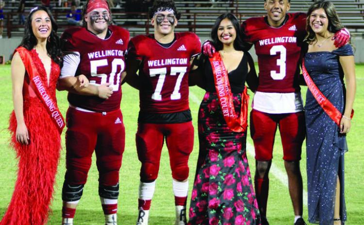 Wellington High School’s 2022 Skyrocket football homecoming royalty takes the field for presentation during halftime last Friday night, Sept. 9. From left, Queen and King Summer Owens and Blake Strickland; First Runners-Up Rey Ramirez and Emily Robles; Second Runners-Up Jordan Nation and Miranda Granadoz. The Red River Sun/Shauna Salinas