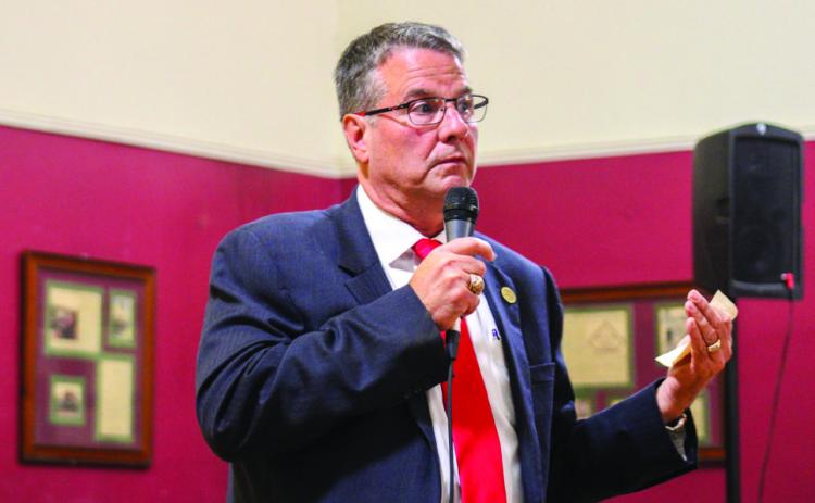 Sen. Charles Perry addresses a crowd of over 50 individuals last Friday, Sept. 9 at The 501 Winery during a town hall meeting in which he solicited feedback on issues of vital importance before beginning the upcoming 88th Regular Legislative Session. The Red River Sun/Elizabeth Tanner