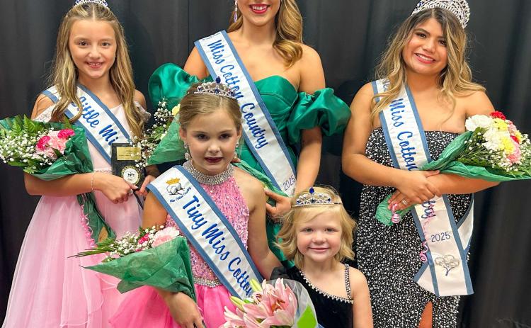 The 2025 Miss Cotton Country court gathers on the stage of Hollis High School Saturday night, Sept. 6. From left: Little Miss Cotton Country Madelynn McMahan, of Altus, Okla.; Tiny Miss Cotton Country Claire Martin, of Altus; Mini Miss Cotton Country Raine Matthews, of Elk City, Okla.; Miss Cotton Country Harlee Gomez, of Wellington; and Teen Miss Cotton Country Raelea Davila, of Wellington. Miss Cotton Country Pageant
