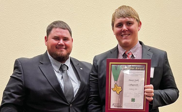 Collingsworth County 4-Her Hunter Stark receives a Gold Star Award at the District 1 Gold Star Banquet Monday, Oct. 17 at the West Texas A&amp;M University Alumni Banquet Hall in Canyon. To be awarded a Gold Star, members must complete a record book of their 4-H projects. The highest honor awarded to Texas 4-H youth, Collingsworth County Agent Kenny Patterson congratulates Stark. Additionally, Molly Sims accepted Collingsworth County’s Distinguished Leader award at the Gold Star event. Courtesy Photo