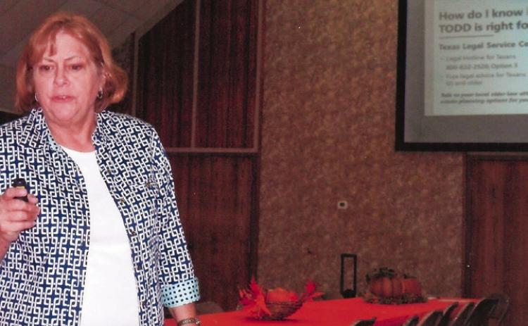 Area Agency of Aging (AAA) of the Panhandle Licensed Baccalaureate Social Worker (LBSW) Laurie McAfee presents information on Texas’ Transfer on Death Deed (TODD) at the November Adult Fellowship Luncheon at Childress First United Methodist Church. On file, a TODD enables a person, upon death, to transfer real estate without probation. Photo by Grace Holman