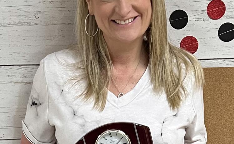 During an end-of-the-school-year employee breakfast Friday, May 16, Wellington Independent School District Superintendent Kurt Ashmore acknowledged staff with 2024-2024 service awards. For 25 years of service, Czrena Watts accepts a Montreux desk clock. Wellington Independent School District