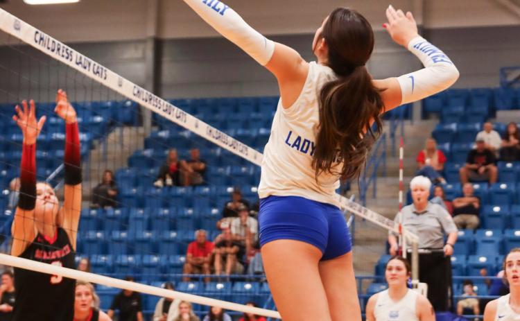 Childress’ Journey Prince goes up for a spike in the Lady Cats’ 3-0 loss against Shallowater Tuesday, Sept. 30 in Childress. Breaking a five-game losing streak, Childress Lady Cats were happy to turn things around Saturday, Oct. 4, taking a sharp 3-0 win over the Tulia Lady Hornets. Childress is currently 7-13 on the season, with plenty of inter-district action coming up. Childress High School Yearbook