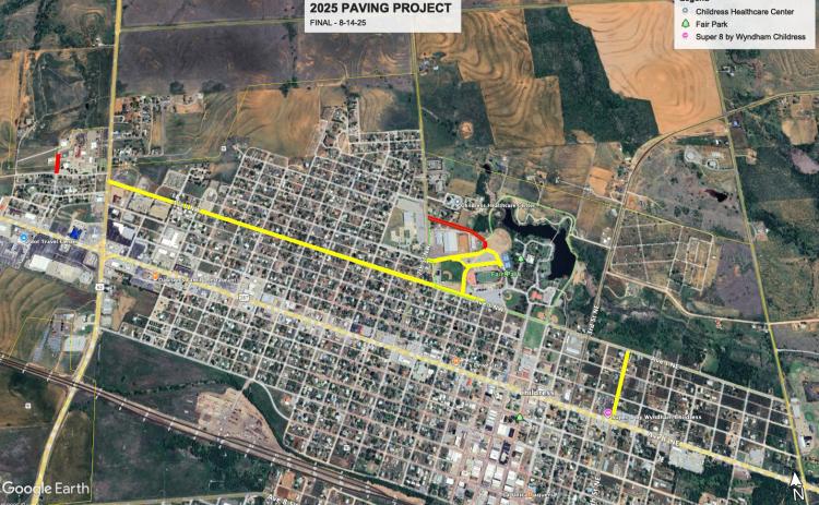 The City of Childress 2025 Paving Project will include five blocks of newly paved streets (yellow), 22 blocks of seal-coated streets (red) and the seal coating of Fair Park Stadium parking lot. City of Childress