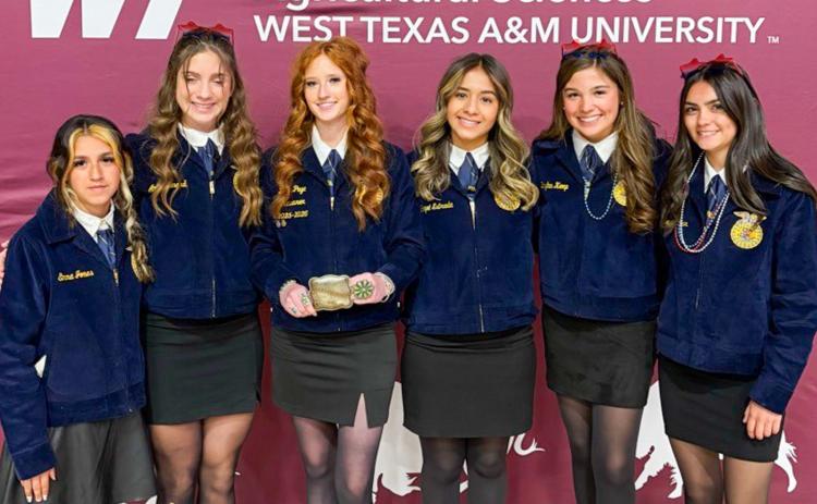 Wellington High School Future Farmers of America (FFA) members recently attend the Area 1 Convention at West Texas A&amp;M University in Canyon, where Bailey Page was elected as the Area 1 Senteniel. Additionally, Kenady Skelton placed fourth in the Area 1 Talent Contest. From left: Jazmyn Garcia, Anna Henard, Page, Hazel Estrada, Brylyn Kemp, Sophia Derr. WELLINGTON HIGH SHCOOL