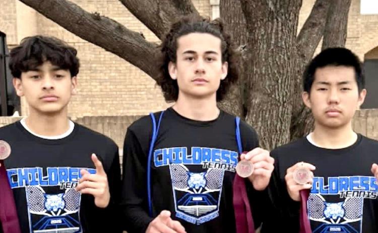 Competing in the Vernon Tournament Wednesday, March 4, the team of Ivan Garcia and Henry Tang took the doubles consolation, while Afton Tipa finished third in singles. From left: Garcia, Tipa, Tang. Childress Bobcat Boosters