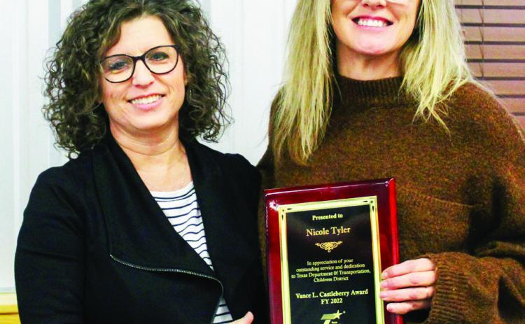 Childress District Traffic Safety Specialist Nicole Tyler, right, accepted the 2022 Vance L. “Huck” Castleberry award presented by Childress District Business Operations Manager Anita Thompson at the recent Childress District of the Texas Department of Transportation (TxDOT) Safety Banquet. Photo Courtesy of Childress District of TxDOT
