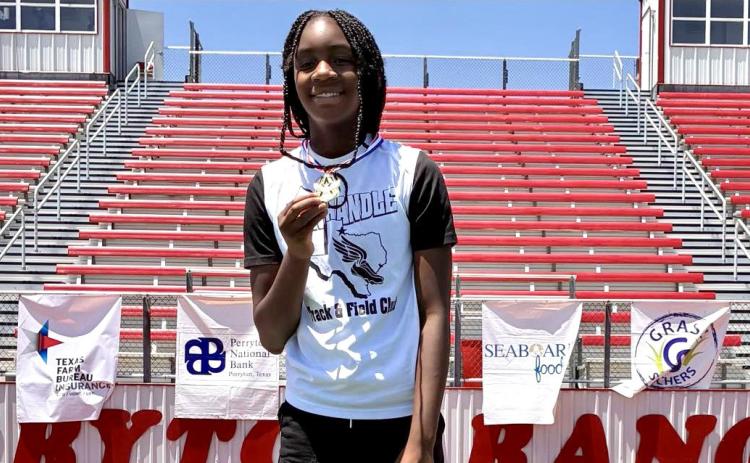 Texas Panhandle Track and Field Club’s Aija Johnson brings home four gold medals during the Perryton Prime Time Track and Field meet Saturday, June 7 at Ranger Stadium in Perryton, winning the 100 meters, 200 meters, 80-meter hurdles and long jump. Texas Panhandle Track and Field Club