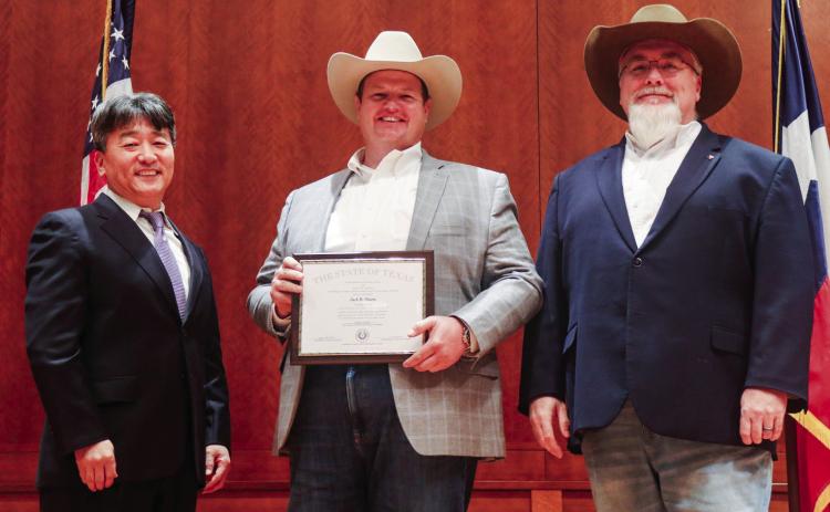 City Administrator of Memphis Jack Owens is awarded the designation of Certified Public Manager (CPM) through the Texas Tech University Department of Political Science, CPM Cohort, at a statewide commencement ceremony Friday, Dec. 5 at the Texas State Capitol in Austin. From left: Dr. Sung-Wook Kwon, Professor and Director of Center for Public Service, Department of Political Science at Texas Tech University; Owens; James Earp, event keynote speaker and City Manager of Hutto. Courtesy Photo
