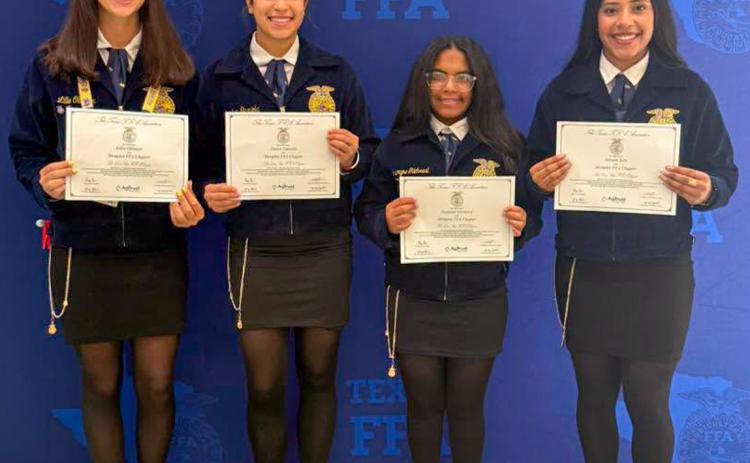 Memphis’ Lillie Ollinger, Jaelyn Gaxiola, Jasmyne Gilchrest and Juliana Soto receive their Lonestar Degrees — the highest degree of membership awarded — at the Texas FFA State Convention, held Monday, July 6-Friday, July 10 in Fort Worth. MEMPHIS ISD