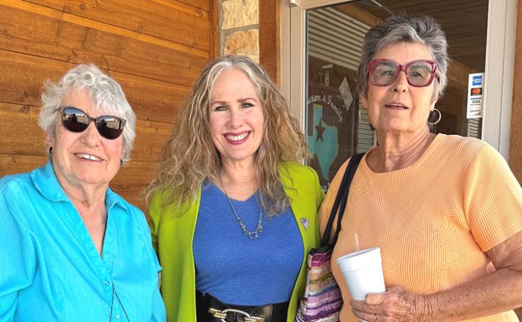 Court of Criminal Appeals candidate Holly Taylor (center) visits with Grace Holman, Childress County Democratic Chair, and Lila Hoobler (right) Sunday in Dawson’s Restaurant. COURTESY PHOTO
