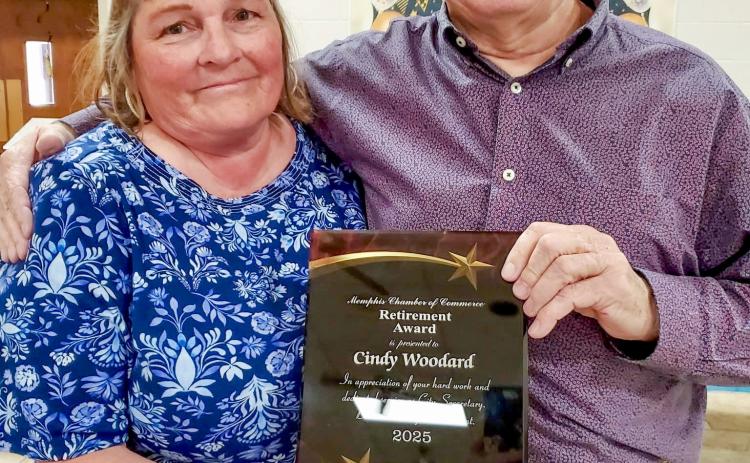 City of Memphis Mayor Joe Davis, right, congratulates City Secretary Cindy Woodward on her recent retirement during a come-and-go reception Monday, June 30 at the Memphis Community Center. Woodward served the City of Memphis for 20 years. Marla Green