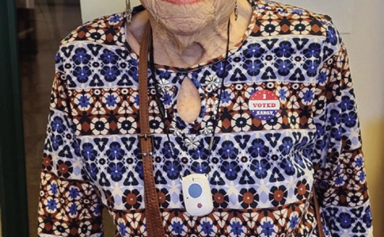 Encouraging everyone to vote, 100-year-old June Harrison casts an early ballot Saturday, Oct. 26 at the Childress County Courthouse Law Library. Voters who didn’t cast early ballots can vote from 7 a.m.-7 p.m. Tuesday, Nov. 5 on Election Day. Courtesy Photo