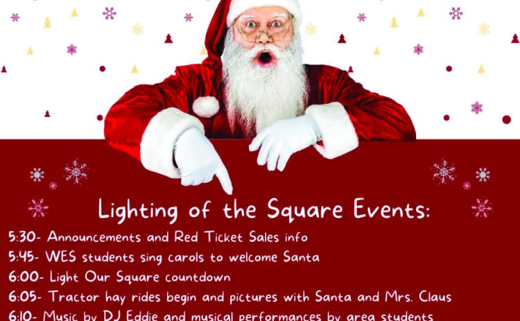 Visit downtown Wellington from 5-7:30 p.m. this Saturday, Dec. 7 for the Lighting of the Square, Christmas caroling, a visit from Santa and Mrs. Clause, kickoff of the Red Ticket sales and drawing for a girl’s bike and a boy’s bike. Winners must be present. Courtesy Image