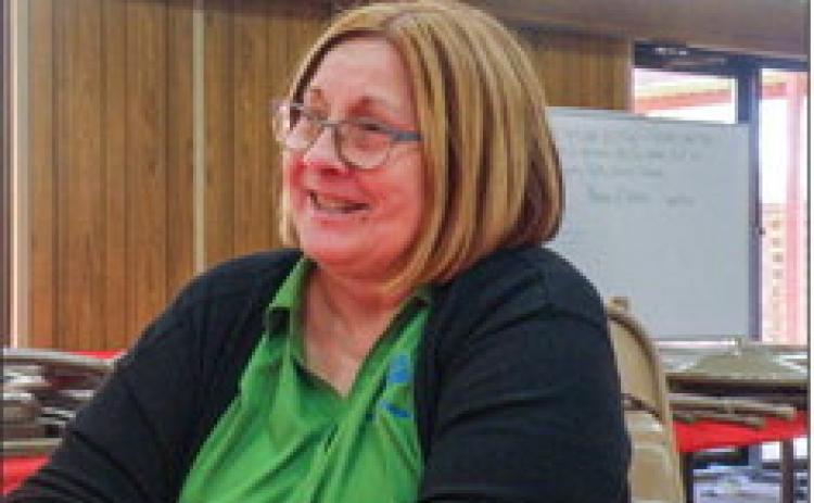 Childress Chamber of Commerce Executive Director Susan Leary gives an update on what is happening in Childress, as well as upcoming local projects, at the monthly Adult Fellowship Luncheon at Childress Methodist Church. Photo by Grace Holman