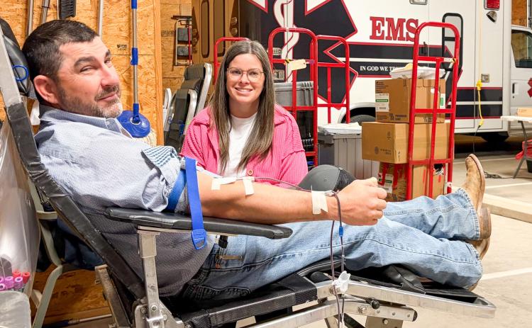 Vance Killian makes his very first blood donation, while wife Kelli Killian gave her 18th donation, during the “Gotta Have it” Wellington Community Blood Drive on Monday, March 16 at the Wellington Ambulance Barn. With the Killian’s contributions, Wellington totaled 13 donations for the event, reported Coffee Memorial Blood Center Administrative Coordinator Jennifer Baker. For more information, call 877-340-8777 or visit obi.org. The Red River Sun/Bev Odom