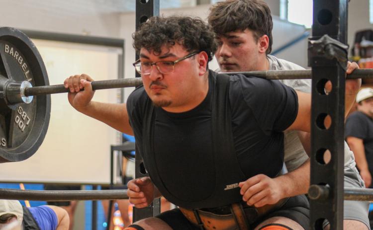 Childress’ Adrian Macias takes the sole first-place finish for the Bobcats Thursday, Feb. 1 at the Childress Boys Powerlifting Meet. The Red River Sun/Elizabeth Tanner