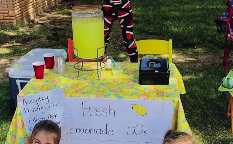 Young entrepreneurs Jenna Faulks and Rafe Barlow, with Adeline Faulks as the cheerleader, operate a lemonade stand during the Saturday, June 1 Wellington Citywide Yard Sale event, selling out and raising $1,772 for the restoration of Ellison Park. The youth and their families appreciate everyone who stopped by to chat and donate. Courtesy Photo