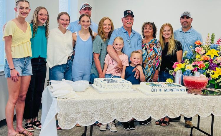 In observance of Arnie Ingram’s 45.5 years of service to the City of Wellington, his family gathers with him at the reception in his honor from noon-2 p.m. Friday, June 20 in the Club Room of the Bura Handley Community Center. From left: Kyla, Kaesyn, Presley, Taytum, Lance and Deidre Kane, Perrie and Quaid Reyna, Arnie and Janee Ingram, Shari and Matthew Reyna. Courtesy Photo