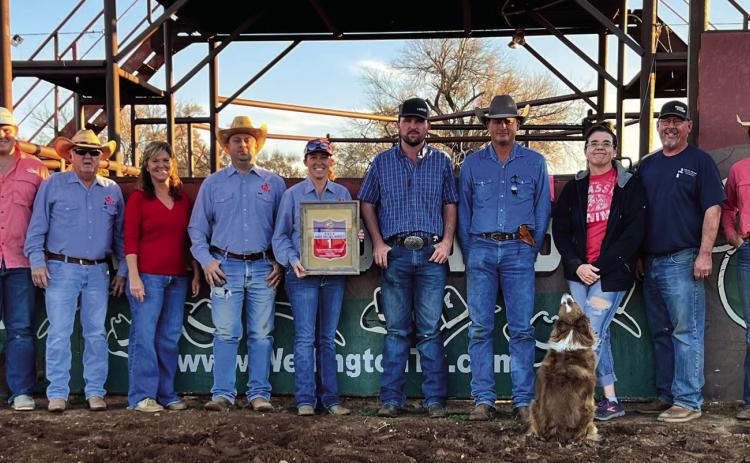 United Professional Rodeo Association (UPRA) named Wellington Rodeo Association its 2022 High Paying Rodeo with stock by McCloy Rodeo Company. Directors of the winning organization gather to accept the award at the Wellington Rodeo Area. From left: Hunter Stark, Danny Gray, Veronica Gray, Matt Orr, Vice President/Treasurer Marcie Orr, President Jace Martin, Todd Thomas, Dee Martin, Brent Martin, Ellie Thomas. Not pictured: Gary Brewer, Linda Brewer, Johnny Mote, Jessica Thomas, Mike Williams. Courtesy Photo