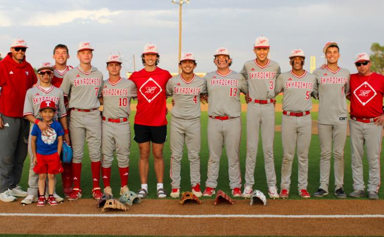 The Wellington Skyrockets take a tight 9-8 win over Lockney Tuesday, March 31. From left: Assistant Coach Greg Proffitt, Dahmian Salinas, Alejandro Salinas, Cix Killian, Jax Heflin, Colton Jernigan, Lawson Inman, Trevyn Wiebe, Hunter Hedrick, Leo Granadoz, Alex Orozco, Major Brown, Coach Jeff Anderson. The Red River Sun/Shauna Salinas