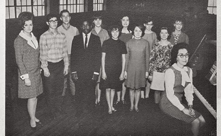 The 1968 Dodson Mustangs yearbook features the Dodson Chorus. Front row, from left: Randy Motsenbocker, Phil Drew, Donna Tabor, Velma Whitson, Sheila Lewis. Back row, from left, Oran Sain, Nancy Gulley, Cindy Hightower, Sandra Sexton, Linda Lemons. Director, Mrs. Ben Meadows, and pianist, Mrs. Barbara Roberson. Image Courtesy of Collingsworth Public Library Digital Archives
