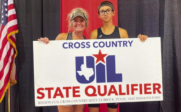 Ryder Robison, pictured with Coach Michelle Branigan, finishes fifth with a time of 17:27.9 at the UIL 2A Region I Cross Country Championship Monday, Oct. 24 at Mae Simmons Park in Lubbock. Photo Courtesy of Memphis ISD