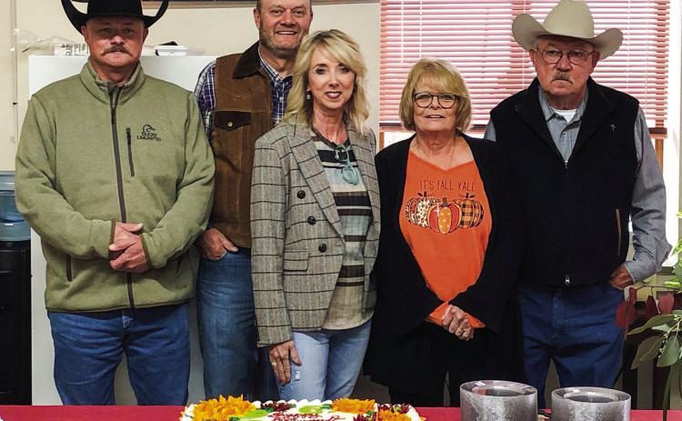 During a reception in her honor, Jo Rita Henard’s family assembles to celebrate her retirement from 16 years of service as Collingsworth County’s Justice of the Peace. From left, Tal Henard; Branden and Sandy Henard Proffitt, of Amarillo; Henard; Jim Henard. Not pictured: Jennifer Hiett Henard. Photo Courtesy of Gina Harris