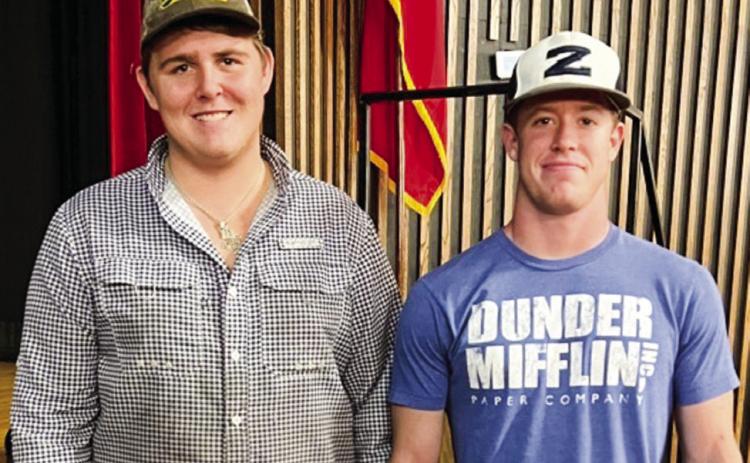 Wellington High School (WHS) seniors Hunter Stark, left, and Barret Phillips claim scholarships, which were drawn at random during the recent Financial Aid Night for the Class of 2023 and their parents at the WHS auditorium. Courtesy Photo