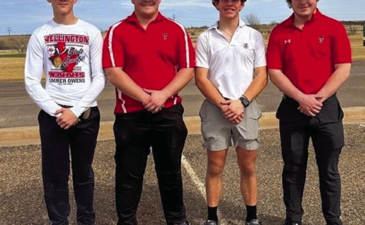 The Wellington Skyrocket golf team competed at the Childress Invitational, hosted at Stoney Ridge Golf Course,Tuesday, Feb. 21. Individually, last year’s state qualifier, senior Caleb Weinette, finished in first place, while Blake Strickland finished in fifth place. From left: Travis Tillman, B. Strickland, Weinette, Caleb Strickland. Not pictured: Coach Klark Ashmore. Courtesy Photo