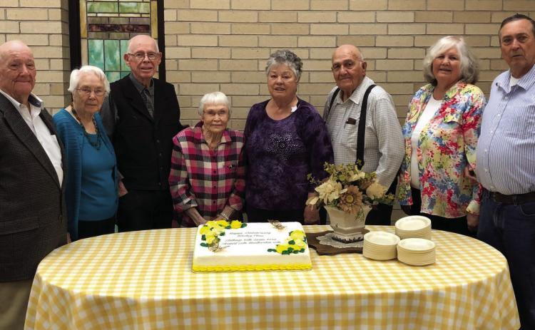 Harry and Doris Stallings, left, married June 5, 1948; Tommy and Jo Lewis married June 24, 1950; Peggy and Joe Stewart married June 5, 1965; and Linda and Richie Brotherton married June 8, 1968. All four couples are members of the same Sunday school class and worship together at the First Methodist Church Wellington. The Red River Sun/Bev Odom