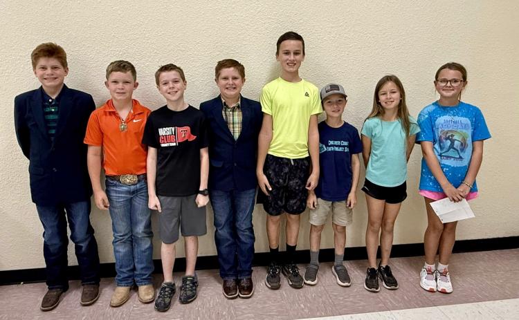The 2025-2026 Childress County 4-H Elementary Club Officers include, from left, Third Vice President David Rister, President Kage Whitaker, Reporter Rhett Schaefer, Second Vice President Daniel Rister, Parliamentarian Carter Keys, Treasurer Dawson Adcock, Secretary Emma Keys and First Vice President Cambri Willis. Childress County 4-H
