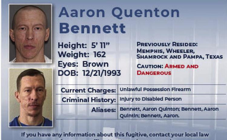 Following a search by the Texas Department of Criminal Justice Parole Division, Aaron Quenton Bennett, 31, turned himself into the Childress County Sheriff’s Office. Texas Department of Criminal Justice