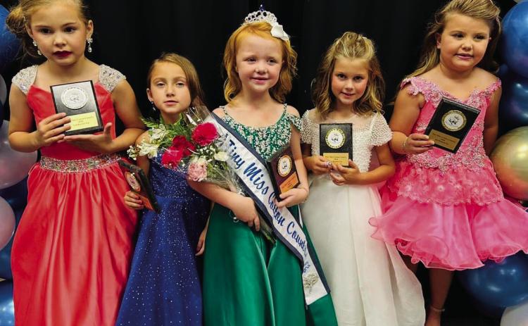 The 2024 Tiny Miss Cotton Country queen court includes, from left, third runner-up Claire Martin, Altus, Okla.; second runner-up Kate Ford, Tipton, Okla.; Tiny Miss Cotton Country Renly Matthews, Elk City, Okla.; first runner-up Adeline Faulks, Wellington; and fourth runner-up Delaney Chambless, Hedley. Photos Courtesy of Miss Cotton Country Organization