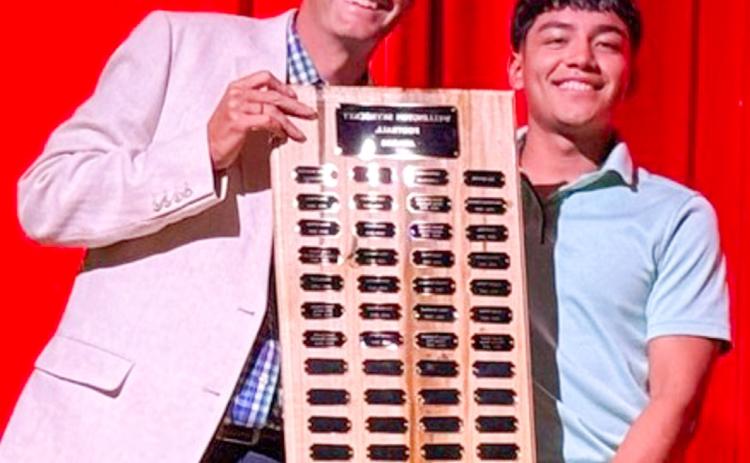 During the 6:30 p.m. Monday, May 11 Wellington High School (WHS) All-Sports Banquet at the WHS Auditorium, students received recognition for an outstanding year of Skyrocket athletics. Wellington High School senior Gustavo Soto receives the Football Defensive Lineman Award, presented by Athletic Director Greg Proffitt. SHAUNA SALINAS/THE GREENBELT INTREPID