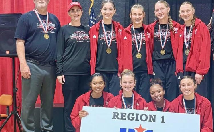 The Wellington Lady Rockets punch their ticket to state, finishing third at the Region I Cross Country Championships in Lubbock. Back row, from left: Coach Travis Nicks, idk, Anna Henard, Ava Kate Inman, Kaesyn Kane, Taytum Kane. Front row, from left: Priscilla Marentes, Halle Hedrick, Aleah Lewis, and Claire Kane. WELLINGTON HIGH SCHOOL