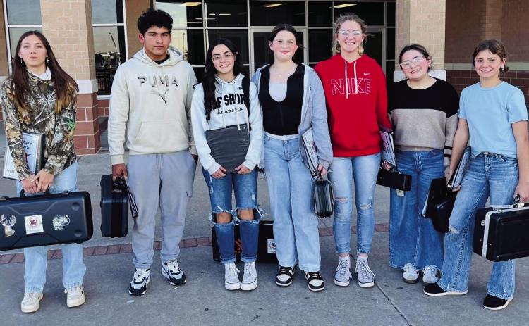 Wellington Junior High School Rocket Regiment members travel to Pampa Junior High School for the recent all-region band tryouts. From left: Ashlyn Medina, Elijah Granadoz, Sophia Derr, Haliah Cantu, Autumn Shatswell, Ava Peters, Grace Peters. Courtesy Photo
