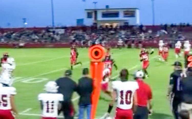 The Wellington Skyrocket offensive line gets into position, while quarterback Callen Kane spots his receiver and completes the pass Friday, Sept. 5 at Bomber Bowl in Frederick, Okla., where the Skyrockets took a 23-13 win, putting together a strong second half. Courtesy Photo
