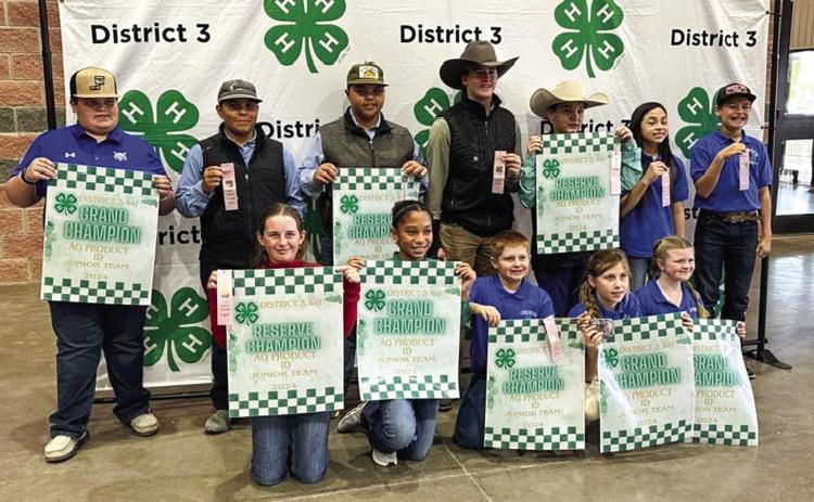 Childress County 4-Hers compete at the 2024-2025 Rolling Plains District 3 Ag Product ID and Livestock Skill-A-Thon Thursday, Dec. 5 at the Young County Arena in Graham. Back row, from left: Jaxon Foley, Bryson Session, Blaze Session, Slade Chapman, Kade Haga, Esme Estrada, Kole Eikman. Front row, from left: Olivia Wyatt, Brantly Session, Daniel Rister, Gracie Eikman, Hannah Parker. Courtesy Photos