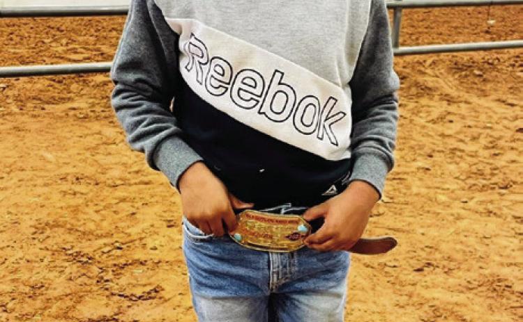 Makaih Hurd, of Childress, takes home the mutton bustin’ buckle at the Childress County Old Settlers Rodeo Saturday, April 22 at the Mashburn Event Center and Arena. Photos Courtesy of Childress County Old Settlers Rodeo Association