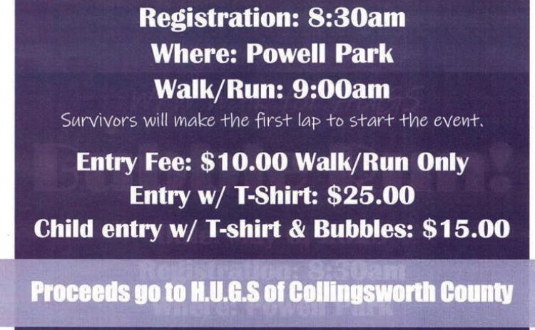 The Wellington Professional Women’s Club Bubble Run, benefitting Hearts United Give Support (HUGS), will begin at 9 a.m. Saturday, May 6 at Powell Park. HUGS, a local nonprofit organization, provides travel assistance to Collingsworth County residents with a cancer diagnosis as they seek treatment. To sign up, contact Vikki Barton at 806-- 205-0254 or Cassandra Torrez at 806-205-3145. Courtesy Photo